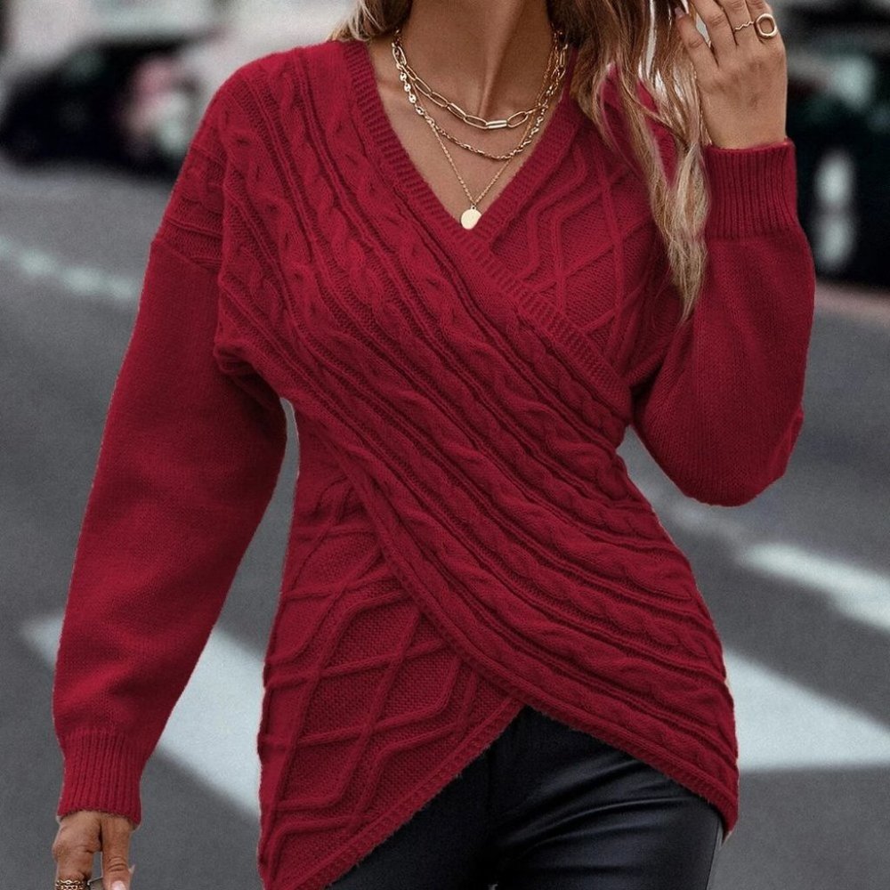 Red Casual Womens Wrap Cross Drop Shoulder Cable Knit Sweater - Picture 5 of 5